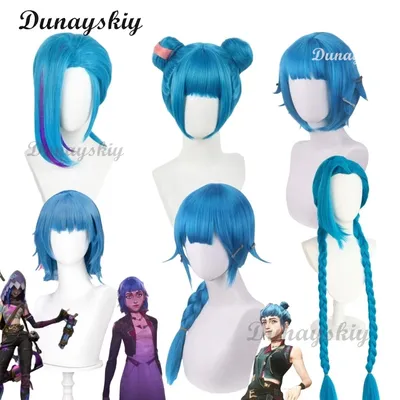 Jinx Perücke Cosplay Anime Arcane Cosplay WakuWaku Frauen Hitzebeständig lol Jinx Cosplay Tattoo Fingerlinge Kostenlose Kappe Weihnachten LOL Image