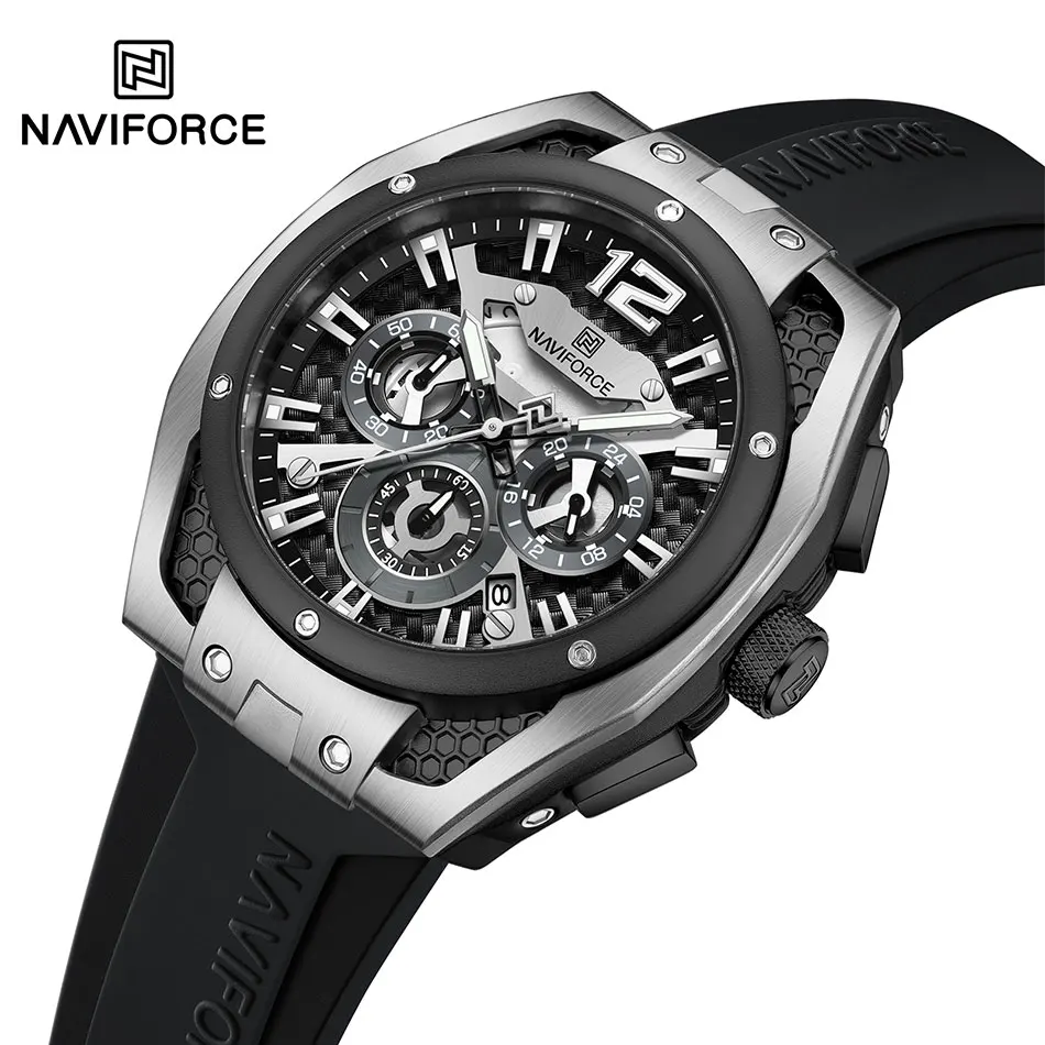 NAVIFORCE Herrenuhr, Trend-Design, Multifunktions-Quarzuhr mit großem Zifferblatt, Herrenuhr mit Silikonarmband, Chronograph, automatisches Datum, leuchtende Uhr Image