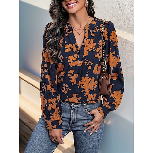 Damen Hemd Bluse Druck Blumen Stilvoll Lässig Langarm Einkerbiger Ausschnitt Normale Oberteile Täglich Marineblau Sommer Frühling Herbst Image