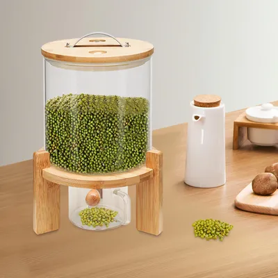 5L Cereal Dispenser with Lid Glass Rice Dispenser with Wooden Stand Dry Food Glass Bottle Food