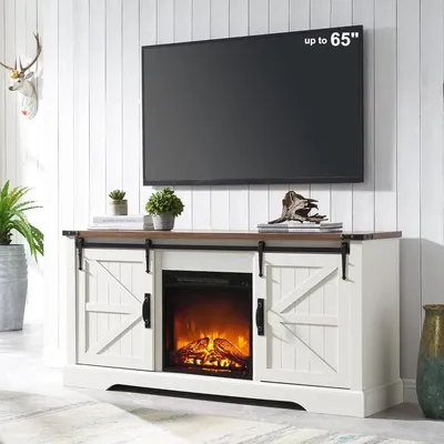 Farmhouse Electric TV Stand for 65+ Inch TV, Rustic Entertainment Center with 18" Fireplace, Sliding
