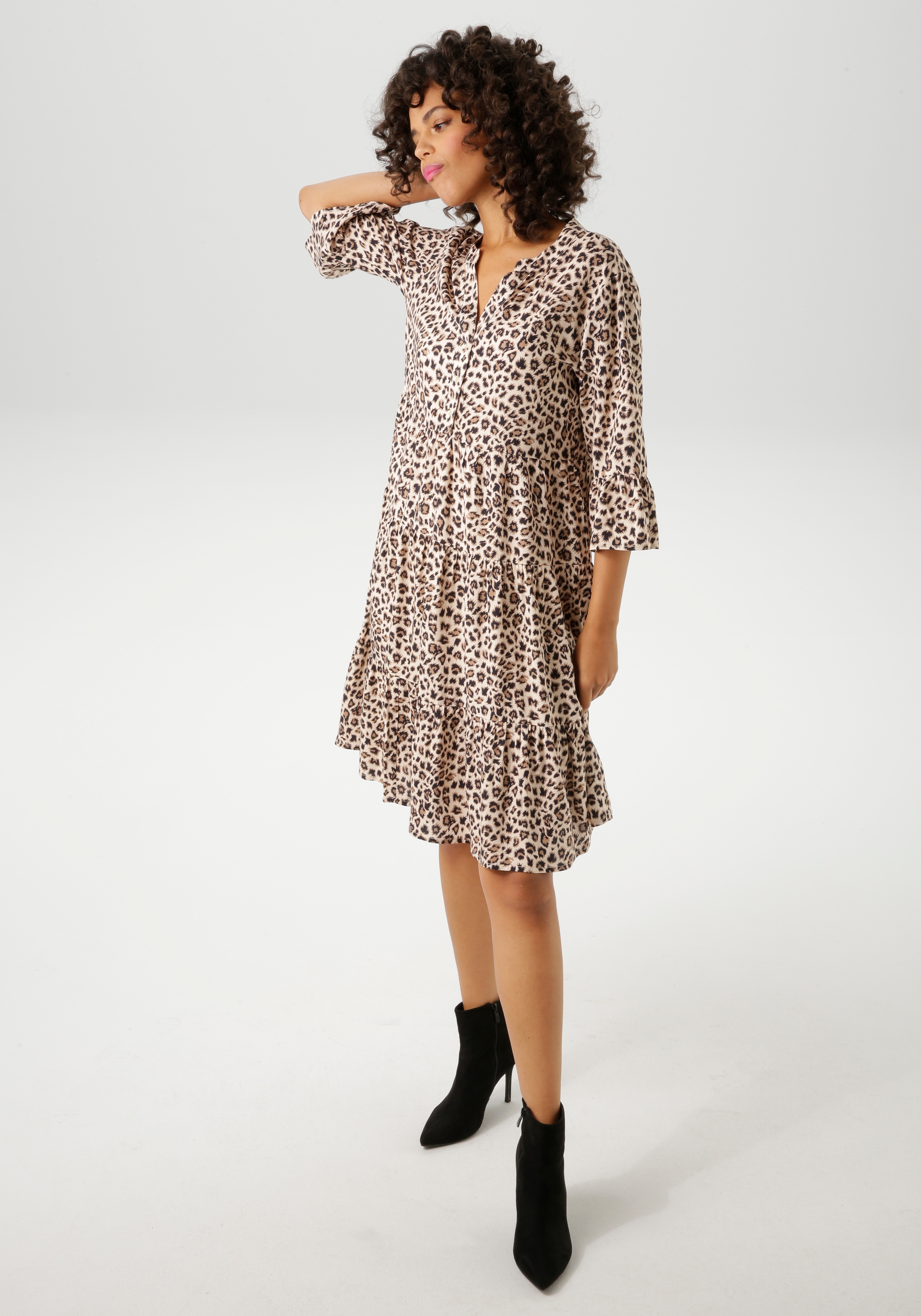 Tunikakleid ANISTON CASUAL, Damen, Gr. 48, N-Gr, braun (hellbeige, schwarz, hellbraun), Web, Obermaterial: 100% Viskose, animal-print, bedruckt, lässig geschnitten knieumspielend, V-Ausschnitt, Volant, Kleider, mit extravagantem Animal-Print