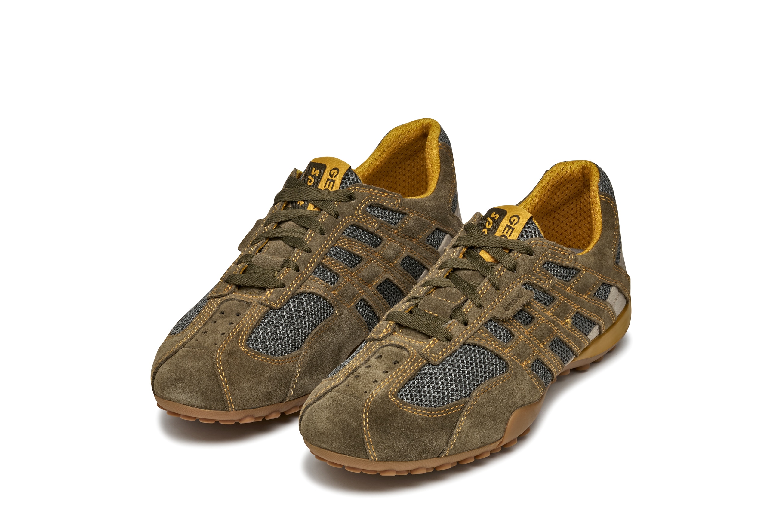 Schnürschuh GEOX "U SNAKE ORIGINAL", Herren, Gr. 48, grün (khaki, grau), Leder, Textil, Schuhe Schnürschuh, Schnürschuh, Freizeitschuh, Trekking Sneaker mit Lederinnensohle