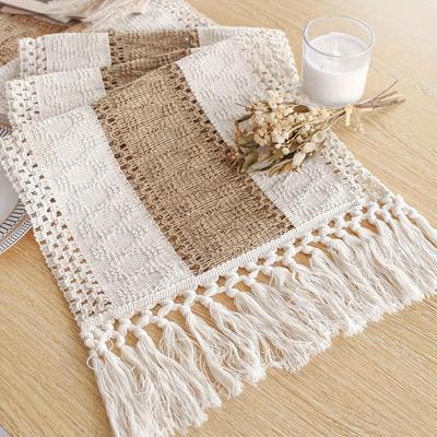 TEMU Boho-chic Tablecloth With Fringe - Beige & Brown, Thanksgiving, Christmas, Easter, Bridal Showers - Durable Polyester, 12x72 Inches Image