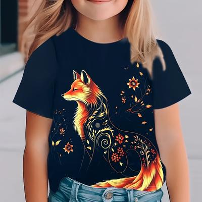 TEMU 1pc Summer Casual Crew Neck T-shirt With 3d Fox Print, Print, Stretch Knit Fabric, Loose Fit For Boys And Girls - S189 Image