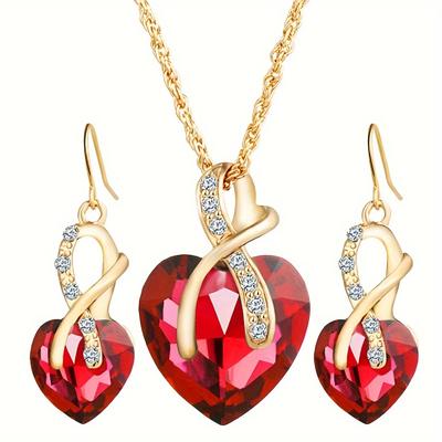 TEMU 1pc Peach Heart Necklace Artificial Crystal Glass Earrings Necklace Jewelry Set Dating Gift For Women Daily Wear Image