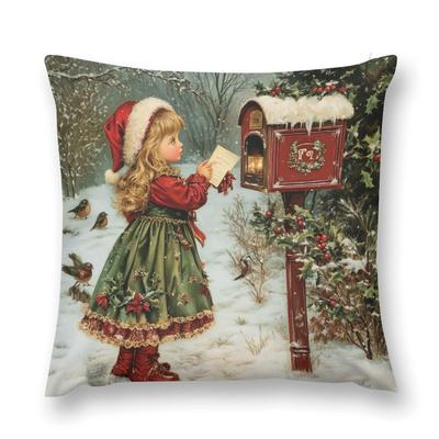 TEMU 1pc Merry Christmas Throw Pillow Cover - Girl In Snowy Scene Design, Red & Decor, Indoor/outdoor Party And Home Decoration, Machine Washable Polyester, Christmas Pillow Covers Image
