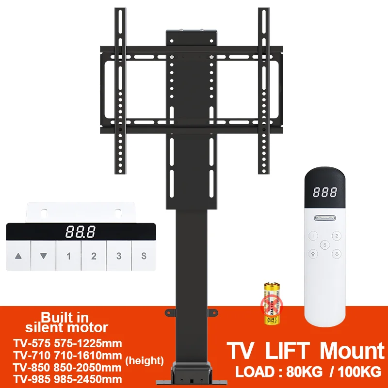 TV-Lift motorisiert mit Fernbedienung, 80 kg Belastung, MAX100 Zoll, LED-LCD-Monitor-Halterung, höhenverstellbar, leiser Motor