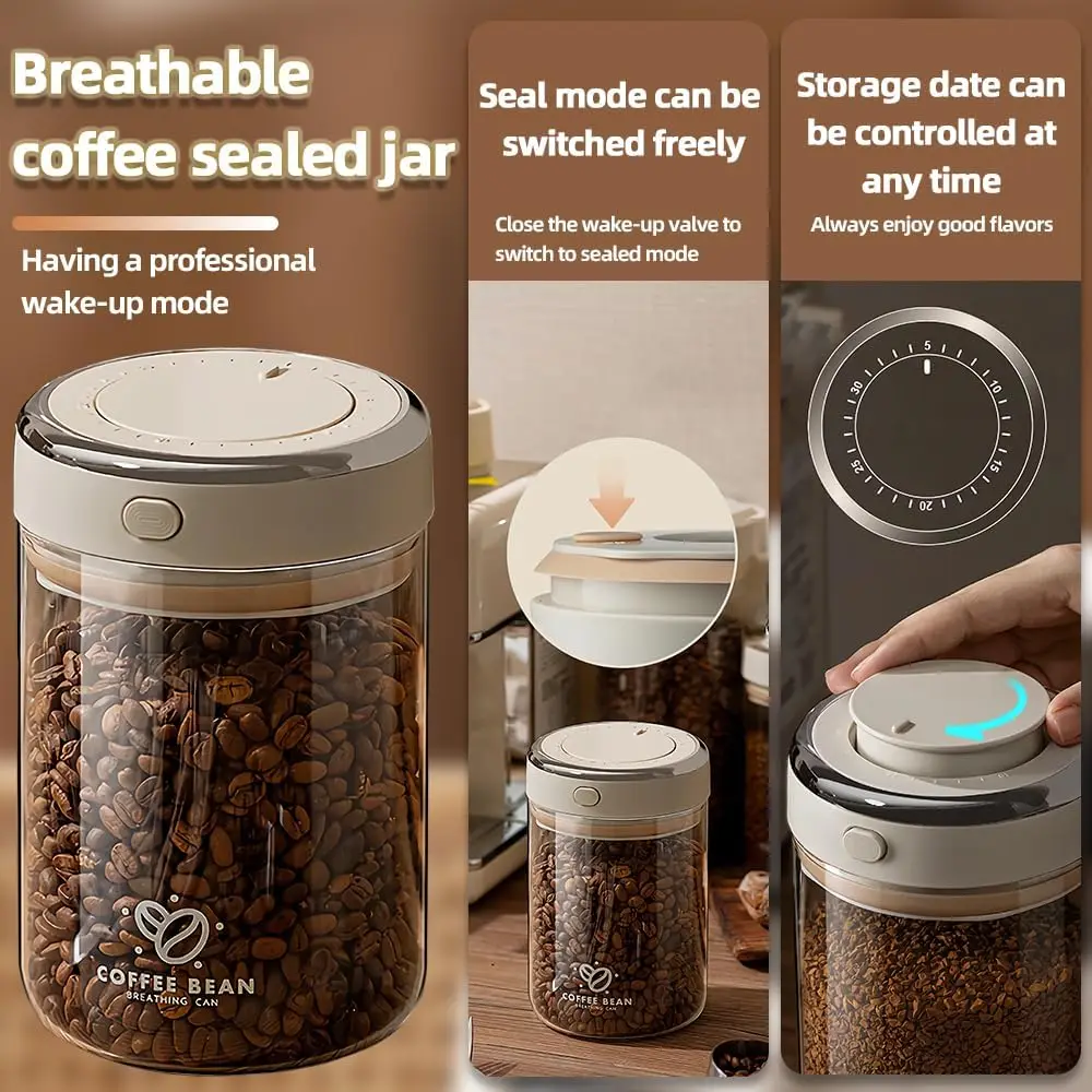 Vakuum-Kaffeebohnen-versiegeltes Glas in Lebensmittelqualität mit Datums-Tracker und Aufwachen von Bohnenventilen, Aufbewahrungsbehältern für Getreide, Snacks, Zucker, Tee Image