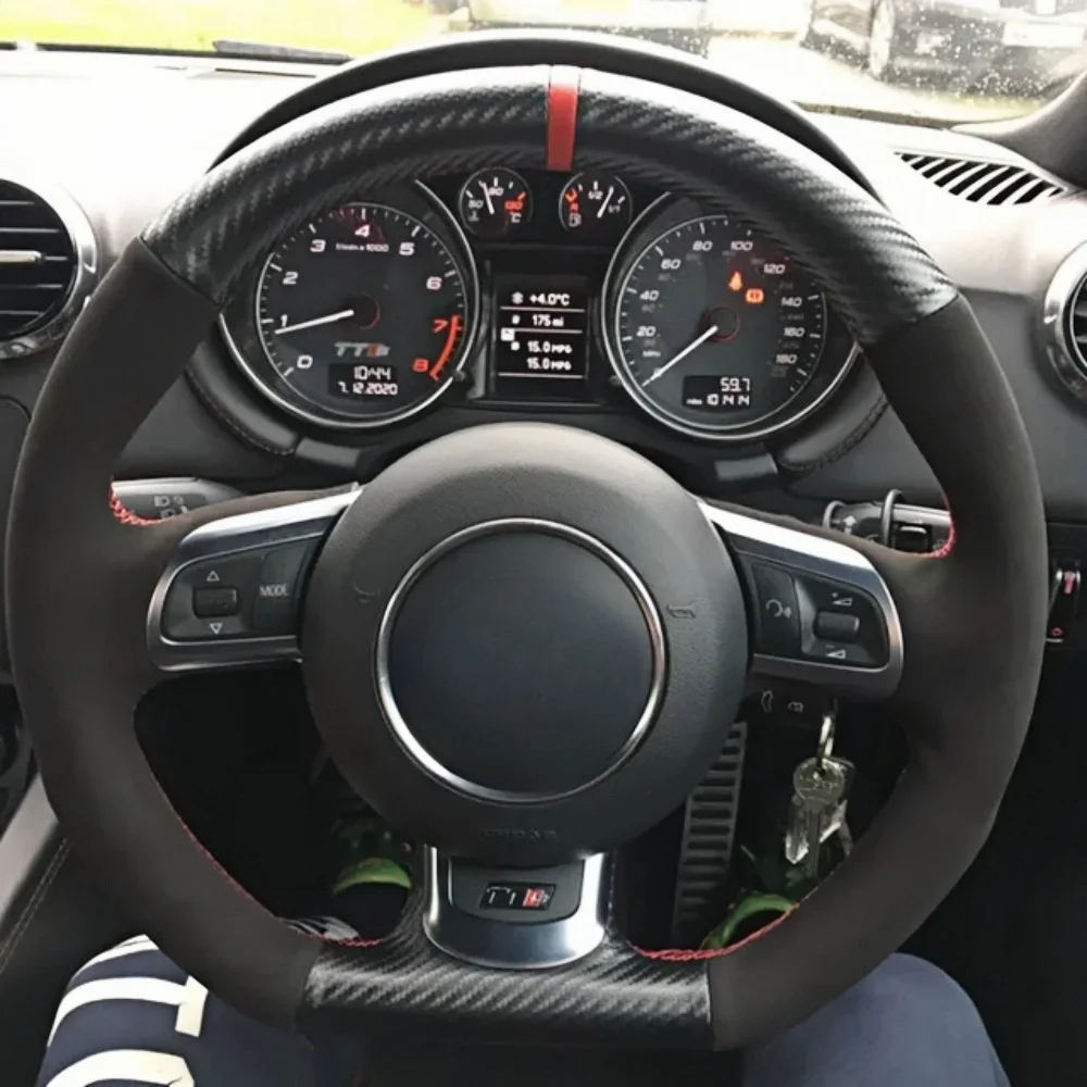 Benutzerdefinierte schwarze Auto-Lenkradabdeckung aus Kohlefaser-Leder für Audi A3 S3 (8P) Sportback 2008–2012 R8 TT TTS (8J) 2006–2014 ﻿ Image