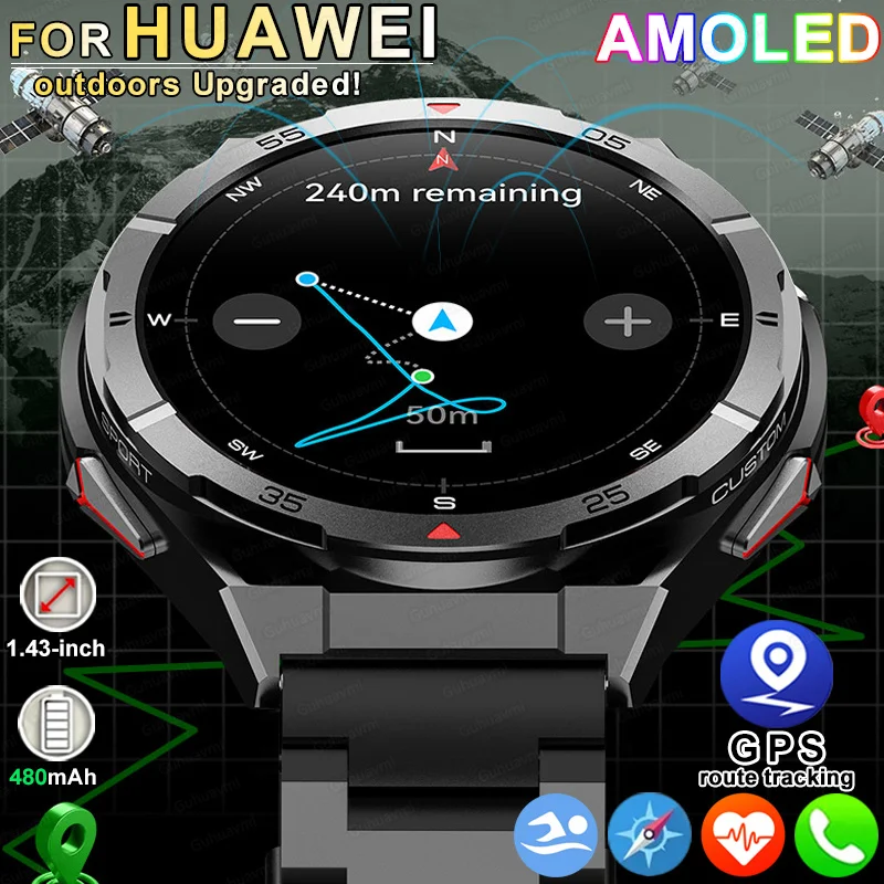 2025 Neue Dual-Band-Satelliten-GPS-Smartwatch für Herren, 1,43 Zoll AMOLED-Bildschirm, Kompass, Herzfrequenz, BT-Anruf, IP69, wasserdichte Schwimmuhr Image