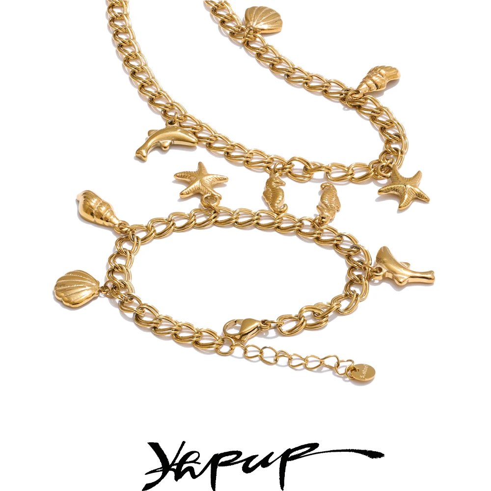 Yhpup Ocean Style Edelstahl Muschel Muschel Seestern Seepferdchen Tropfen Halskette Armband Armreif Wasserdicht Sommer Täglich Schmuck Image