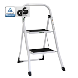 Baumarktplus Trittleiter 2 Stufen klappbar TÜV/GS 150 kg Anti-Rutsch Haushaltstritt Klapptritt Leiter in weiß Image