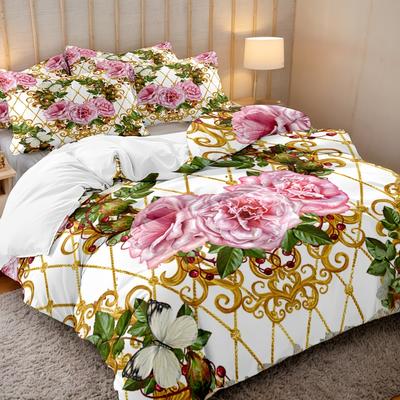 TEMU Luxury 3pcs Baroque Modern Art Quilt Set - Soft And Breathable Polyester With Geometric Floral Pattern - Includes 1 Quilt Cover And 2 Pillowcases For Of Comfort Image