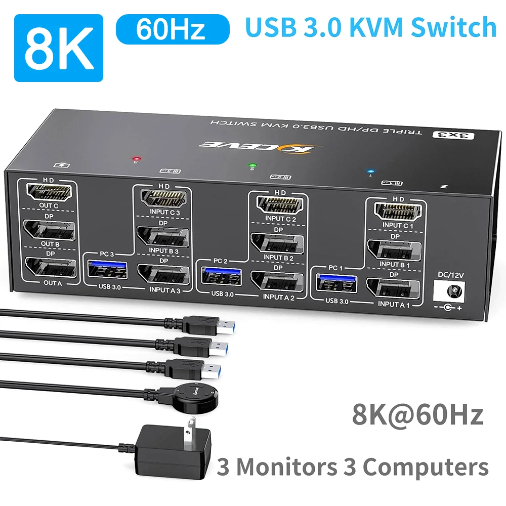 2024 neuer kvm303dh kvm Umschalter 3 in 3 out 8k @ 60hz, 4k @ 144hz Dreifach monitor für PC-Tastatur Maus U-Disk Drucker eu/us/uk Image