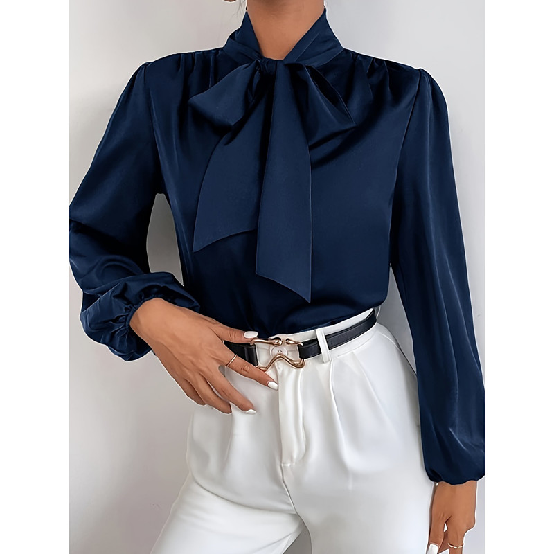 Women's Shirt Elegant Dressy Satin Top Solid Color Business Modern Casual Long Sleeve Shirt Collar Regular Tops Work Formal Wear Bow Wine Navy Blue Summer Spring