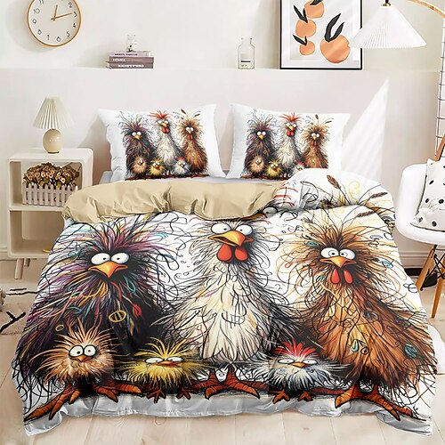 Lustiges Bettbezug-Set mit Hahn, 100 % Baumwolle, weiches und bequemes Bettwäsche-Set mit lustigem Hahn-Aufdruck, gemütlich und stilvoll, perfekt als Schlafzimmer-Dekor, pflegeleicht und maschinenwaschbar Image
