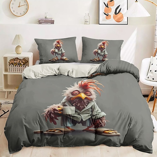 Bettbezug-Set mit lustigem Hahn-Aufdruck, 100 % Baumwolle, weicher und atmungsaktiver Stoff, inklusive Bettbezug und Kissenbezügen, hypoallergen und hautfreundlich, maschinenwaschbar, langlebig, bequem Image