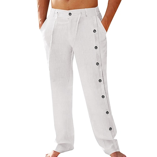 Herren Leinenhosen Hose Sommerhose Strandhose Kordelzug Seitenknopf Gerader Schnitt Einfach Komfort Atmungsaktiv Volle Länge Outdoor Täglich Ferien Mode Klassicher Stil Schwarz Weiß Image