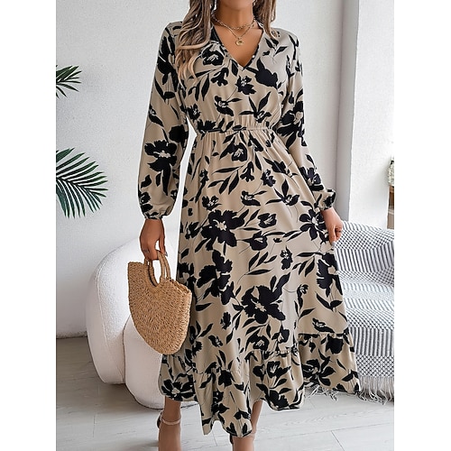 Damen Midikleid Casual kleid Schaukelkleid A Linie Kleid Stilvoll Brautkleider schlicht Urlaub Täglich Regular Fit Blatt Langarm V Ausschnitt Wein Khaki Frühling Herbst Image