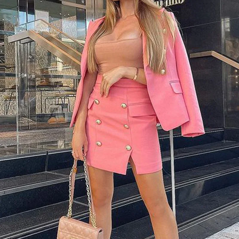 Bambus Blazer passt 2 Stück Frauen Langarm Mantel hohe Taille Minirock Herbst kleidung Streetwear rosa zweiteilige Sets