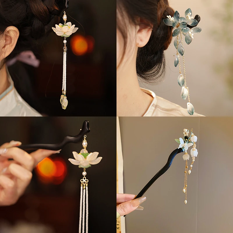 Lotus Blume Pfirsich Holz Glas Reis Perlen Lange Fransen Haar Krallen für Frauen Vintage Neue Nationale Flut Temperament Kopf Zubehör Image