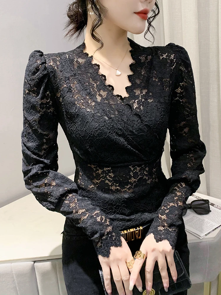 T-shirt con scollo a v incrociato a maniche lunghe autunno primavera T-shirt Slim in pizzo con scollo a v da donna per donna