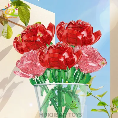 HUIQIBAO Valentinstag Rose Blumenstrauß Bausteine Set Künstliche Blumen für Wohnkultur Kristall Rose Image