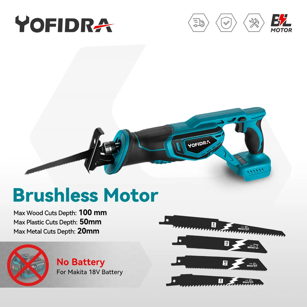 YOFIDRA 3000 W Bürstenlose Säbelsäge 4 Klingen Multifunktionssäge Metall Holz Rohr Schneiden Elektrowerkzeuge Für Makita Batterie Pin Image