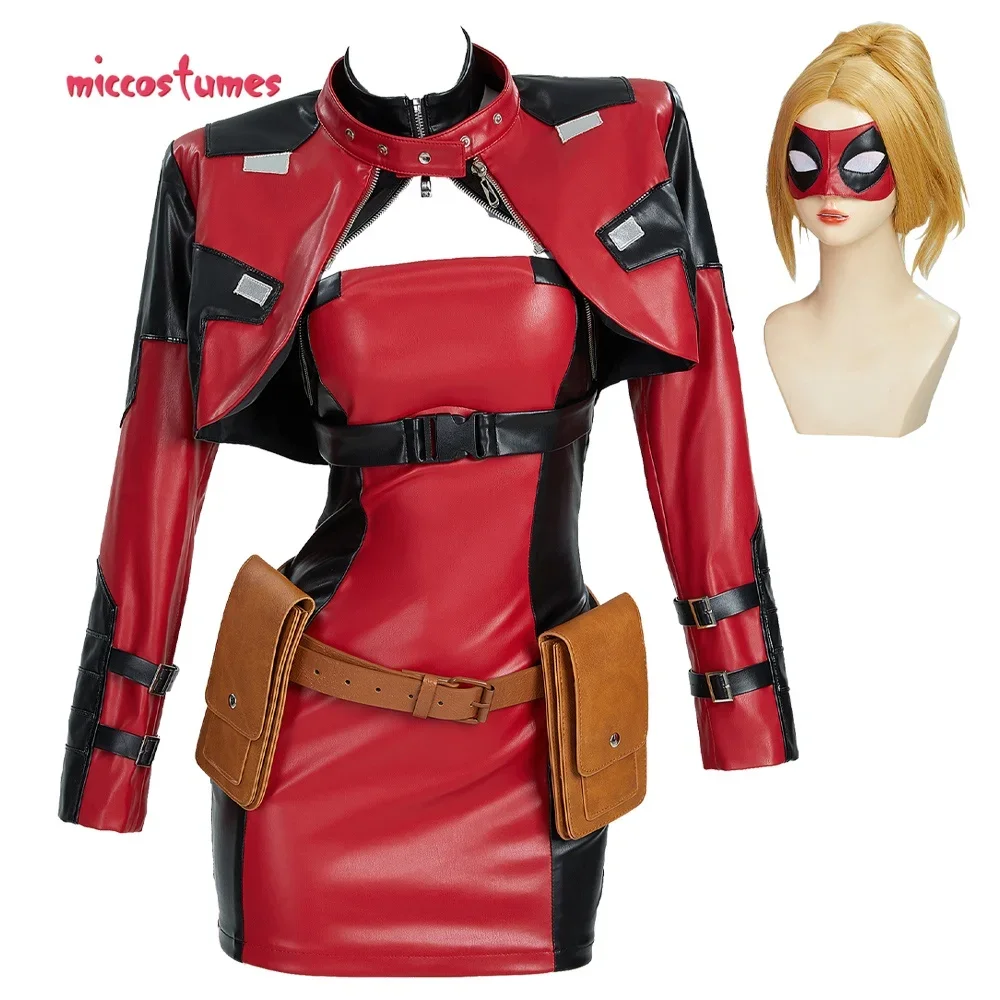 Miccostumes Damenkostüm Super Hero Cosplay Rennanzug Set Kleid und Jacke mit Augenklappe Image