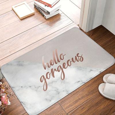 "TEMU Hello " Rose Golden & Blush Print Doormat - Lightweight, Machine Washable Polyester Kitchen Mat For Home Decor" Image