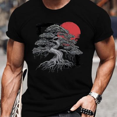 TEMU Men's Casual Crew Neck T-shirt With Geometric Print, 100% Polyester Knit Fabric, Stretch, Regular Fit, Summer Top For Adults - 150g/m² Image