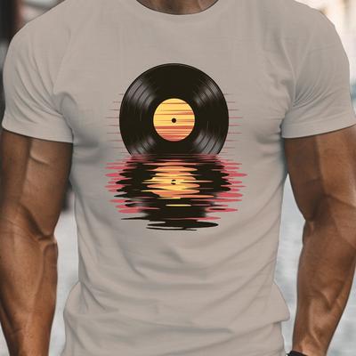 TEMU Men's Record Graphic Tee - Casual Crew Neck Short Sleeve T-shirt, Lightweight & Comfy For Summer Image