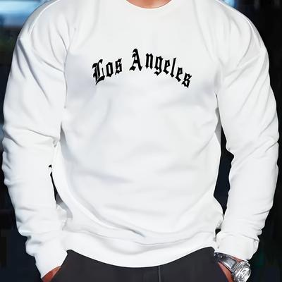 TEMU Los Angeles Simple Drawing Print Men's Crew Neck Sweatshirt – Casual Fashion Long Sleeve Regular Pullover – Polyester Image