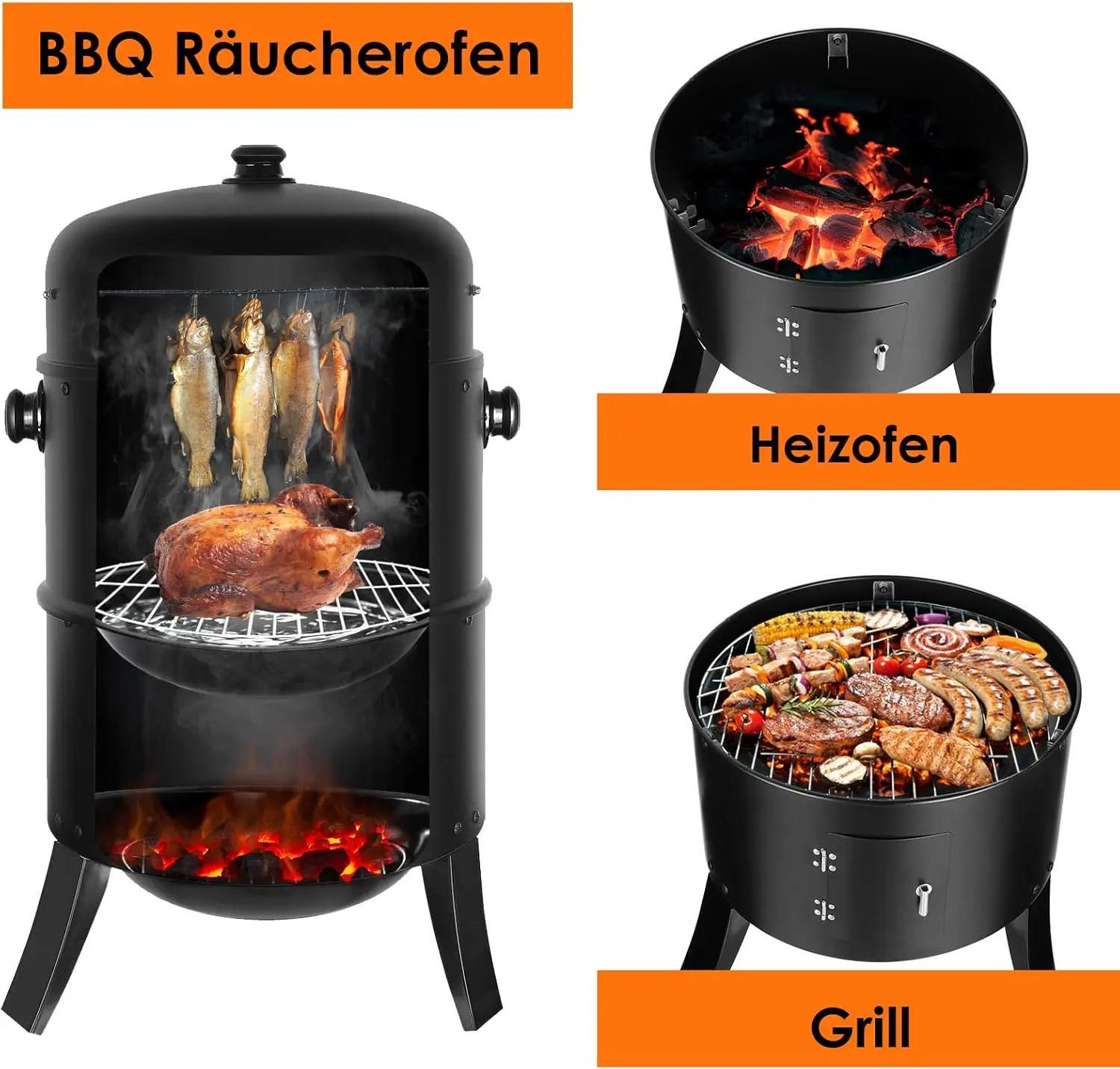 Räucherofen, 3-in-1-Grill, Holzkohle-Räucherofen, Wasserraucherofen, runder Räucherofen mit Deckel und Thermometer, 2 Edelstahlgitter