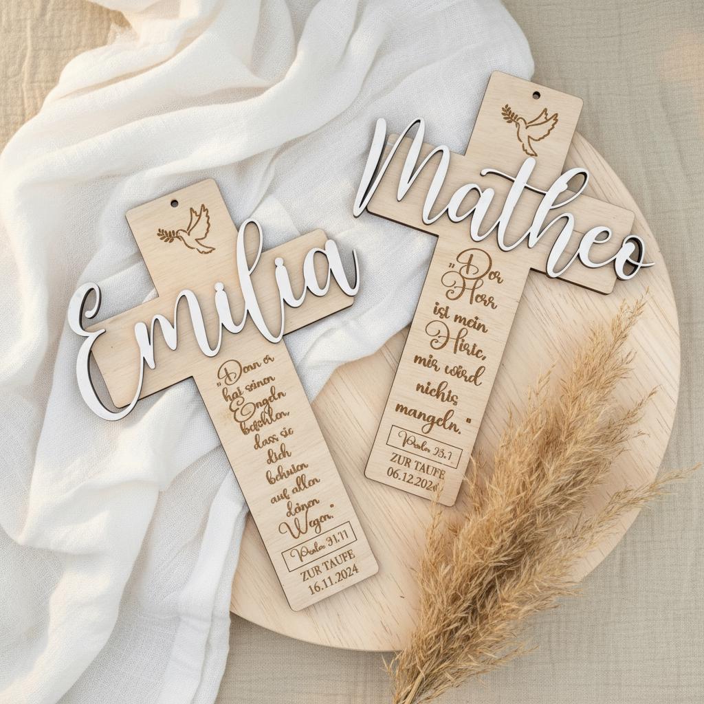 Croce battesimale in legno personalizzata con nome e data - Regalo per il battesimo di bambini e bambine - Croce battesimale in legno incisa