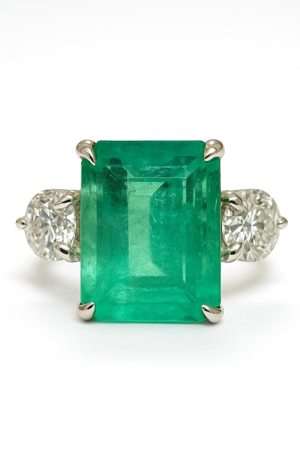 Anello a tre pietre in oro 14 carati con smeraldo e diamanti da 2,95 carati, anello con smeraldo in oro 14 carati, anello con smeraldo e diamanti in o