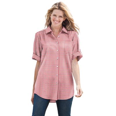 Plus Size Women's Short-Sleeve Button Down Seersucker Shirt by Woman Within in Vivid Red Gingham (Size S)