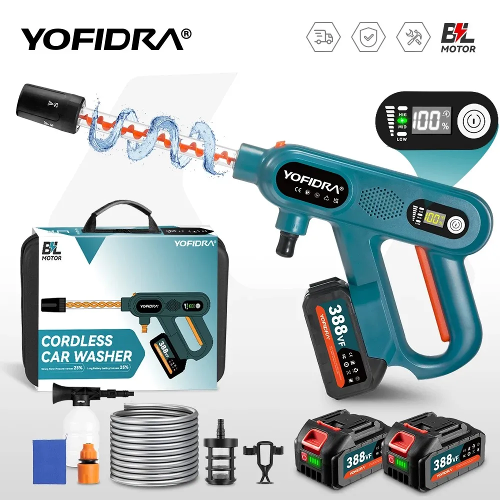 YOFIDRA 220Bar Pistola per idropulitrice elettrica ad alta pressione senza spazzole 3 ingranaggi Pistola a spruzzo d'acqua per lavaggio auto domestica per batteria 21V 18V