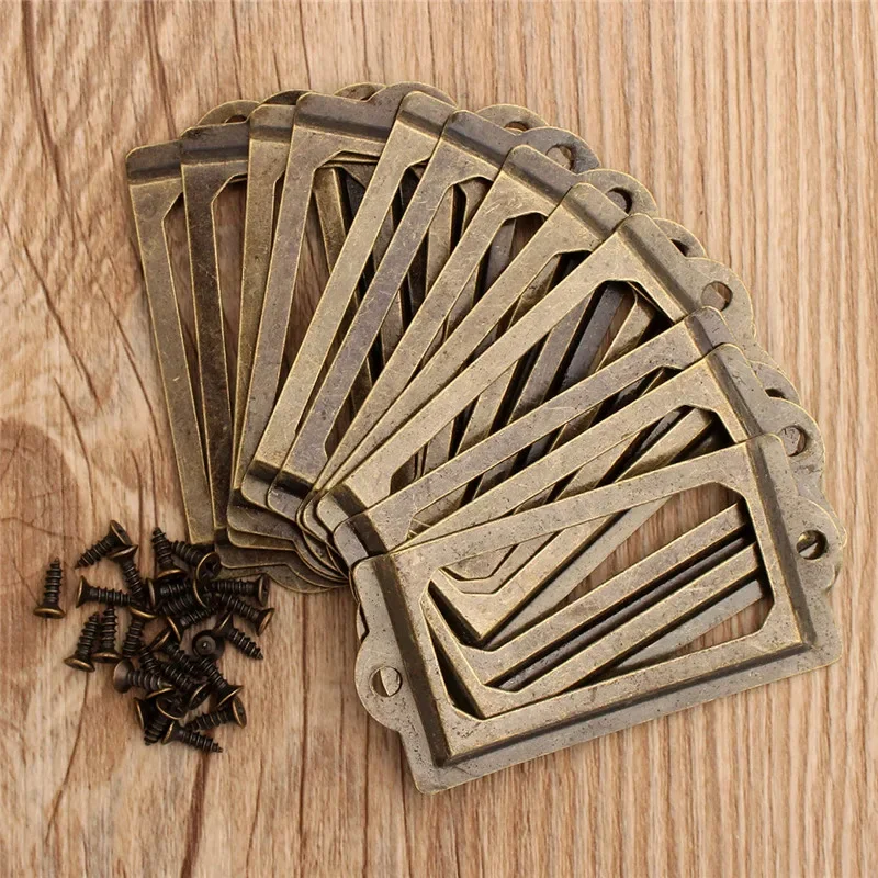 12 Stücke Antik Messing Metall Label Tag Handgemachte DIY Griff Datei Name Kartenhalter Zuggestell Für Möbel Schrank Schublade Box Fall