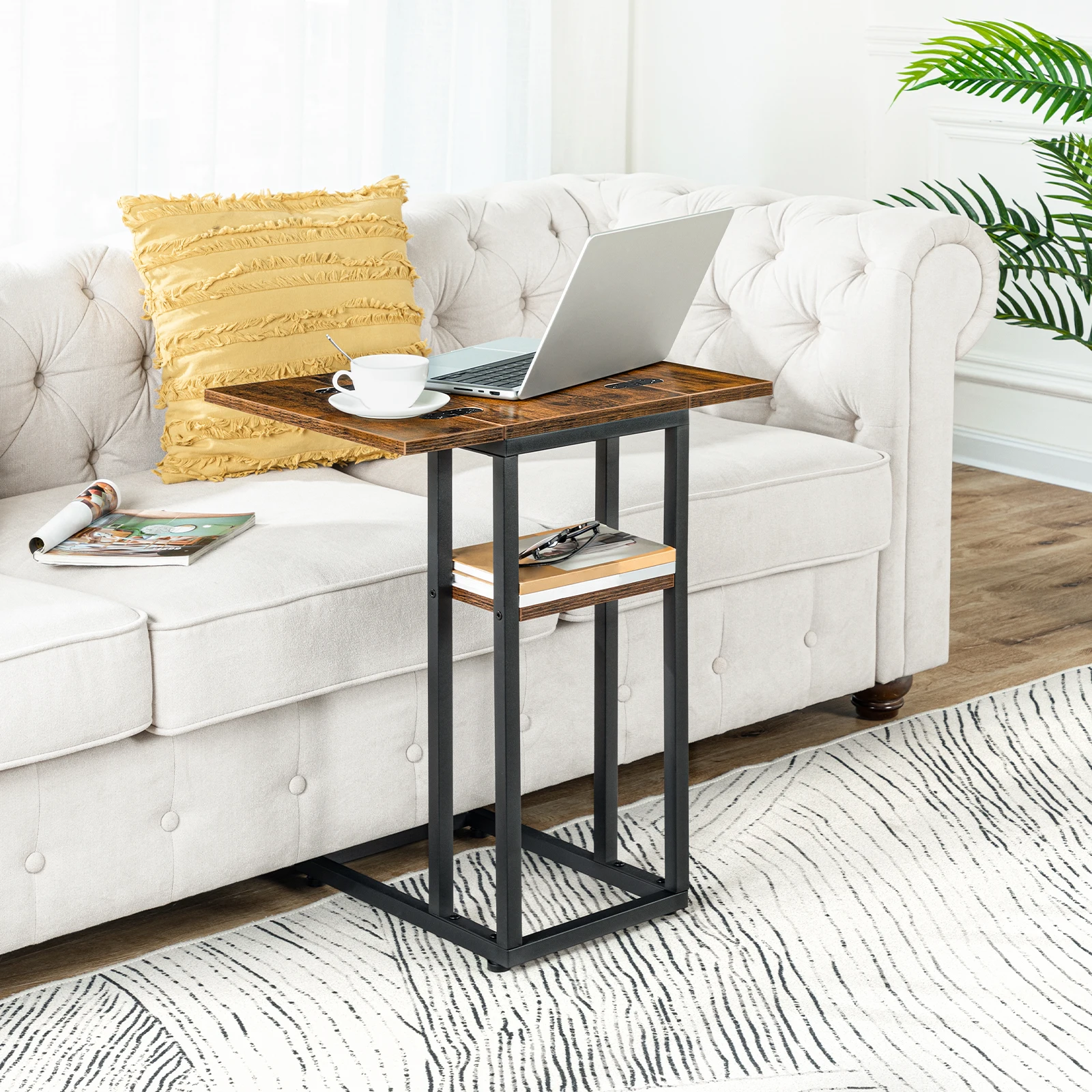 HOOBRO C-Form Beistelltisch, klappbarer Sofatisch, Couchtisch, Snacktisch mit Ablagefach, schmaler Nachttisch für Wohnzimmer, Schlafzimmer