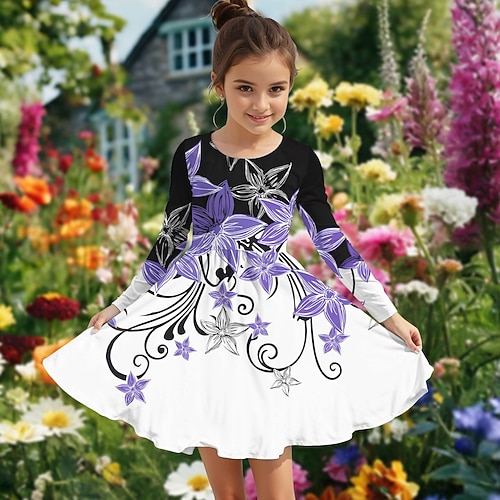 Ostern Mädchen' 3D Blumen Graphic Kleid Langarm Sommer Frühling Urlaub Täglich Festtage Prinzessin Schön Süß kinderkleidung 4-12 Jahre Casual kleid A Linie Kleid Knielang Regular Fit Image