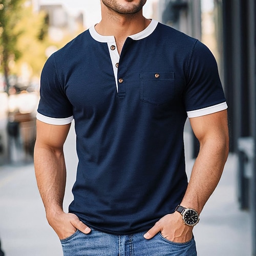 Herren Henley Shirt T-Shirt Kurzarm Farbblock Modisch Designer Komfortabel Knopf Tasche Henley Outdoor Casual Täglich Sommer Frühling Schwarz Marineblau Braun Henley T-Shirt Image