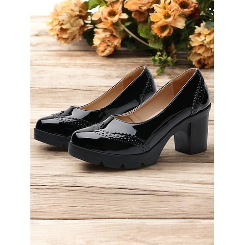 Damenpumps aus Lackleder mit Plateau und dickem Absatz und Brogue-Details, elegante Schuhe im Vintage-Stil fürs Büro, Partys und formelle Anlässe Image