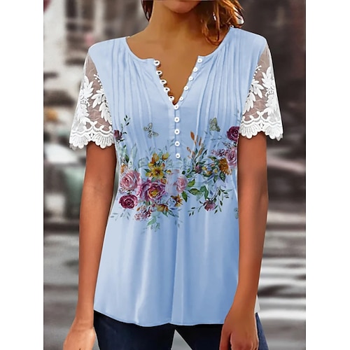 Damen Oberteil mit Spitzenspleiß Graphic Blumen Elegant Böhmen Modisch Kurzarm Flattrige Ärmel Rundhalsausschnitt Normale Oberteile Täglich Wochenende Urlaubskleidung Spitze Patchwork Bedruckt Wei
