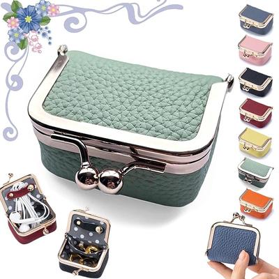 Genuine Leather Mini Jewelry Box, Portable Vintage-inspired Genuine Leather Coin Purse Jewelry Case with Kiss Lock, Mini Travel Ring Box for Women for Earring/Ring/Necklace/Bracelet