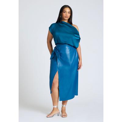 Plus Size Women's Wrap Front Faux Leather Midi Skirt by ELOQUII in Legion Blue (Size 24)