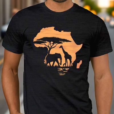 TEMU 1pc Geometric-pattern T-shirt For Men - Polyester Crew Neck Tee With Elephant And Giraffe , Casual Knit Fabric, Stretch, Regular Fit, Summer Top Image