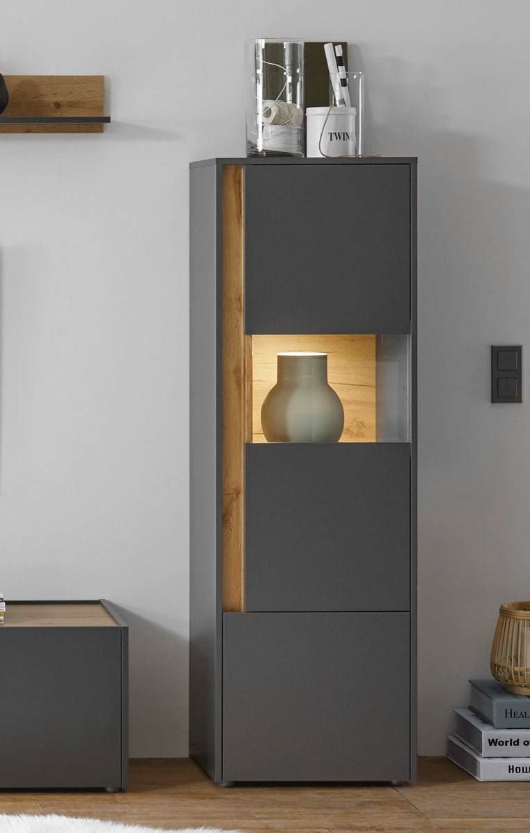 Vitrine 50x155 cm Eiche Anthrazit 2-türig BOSTON + Beleuchtung