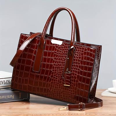TEMU Large Capacity Crocodile Pattern Fashionable Women's Tote Bag, Stylish Handheld Single Shoulder Business Casual Versatile Outing Simple Elegant Image